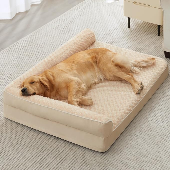BFPETHOME Orthopedic Washable Dog Bed, Sleeping Couch for Large Senior Dogs | Deluxe Plush Rose Velvet Washable Cover, Egg Crate Foam Support, Waterproof Lining, Non-Slip Bottom, Senior Dogs