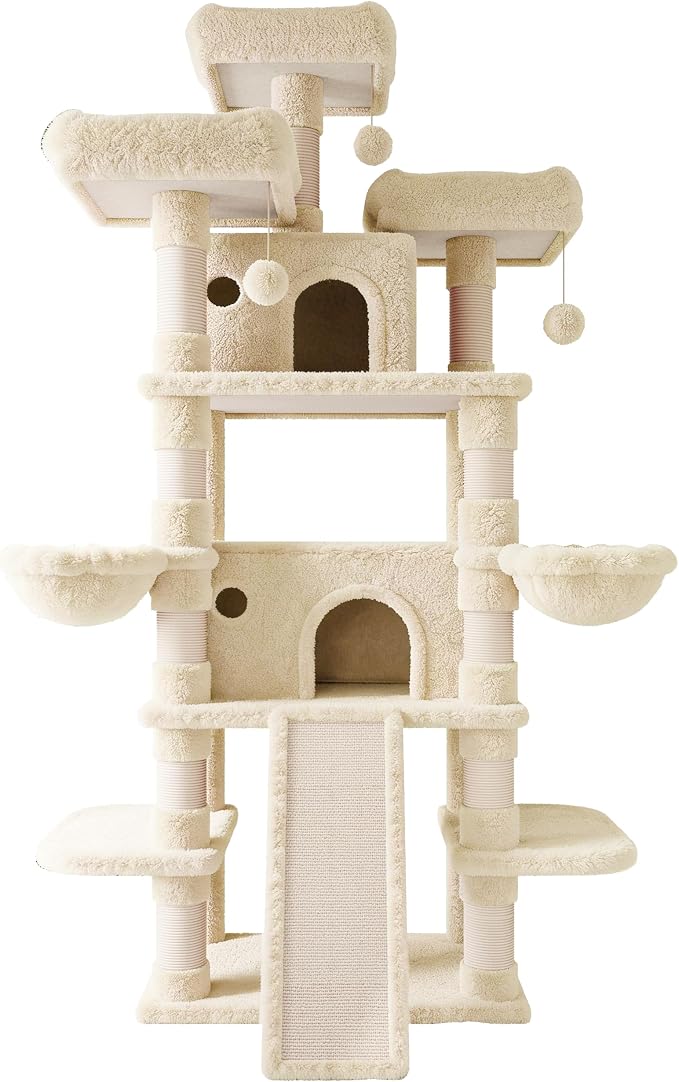 SHA CERLIN 81 Inches Extra Large Cat Tree for Indoor Adult Cats/XXL Big Cat Tower with Condo/Cozy Perches/Sisal Scratching Posts and Hammocks/Activity Center/F80/Heavy Duty/Beige