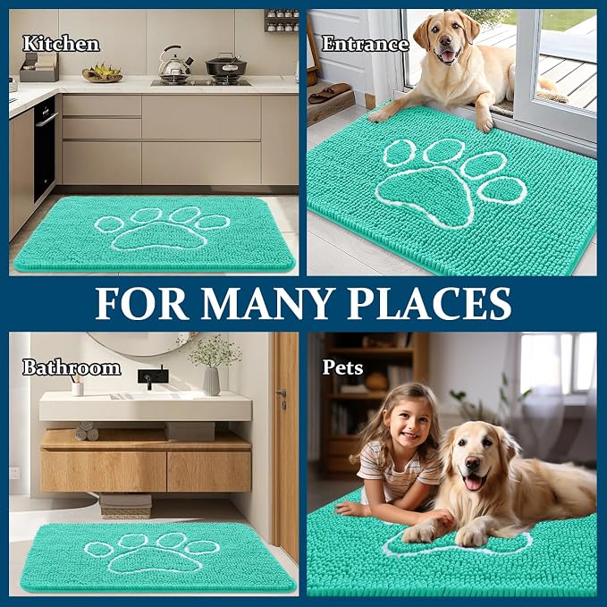 OLANLY Dog Door Mat for Muddy Paws 24x16, Paw Print Design Chenille Mud Mat | Teal, Super Absorbent, Traps Moisture and Dirt, Non-Slip Washable Doormat, Quick-Drying Indoor Entryway Floor Carpet for Dogs