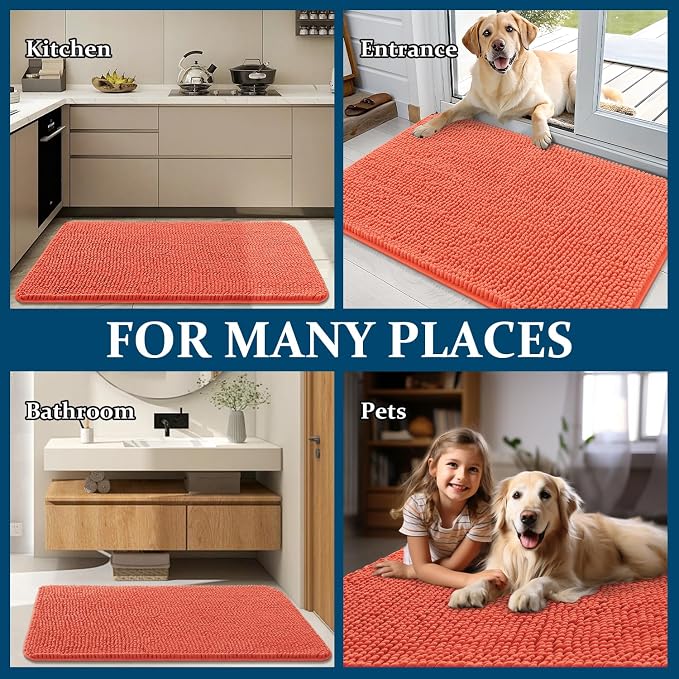 OLANLY Dog Door Mat for Muddy Paws 47x32, Super Absorbent Chenille Mud Mat | Coral, Absorbs Moisture and Dirt, Non-Slip Machine Washable Doormat, Quick-Drying Indoor Entryway Floor Carpet for Dogs
