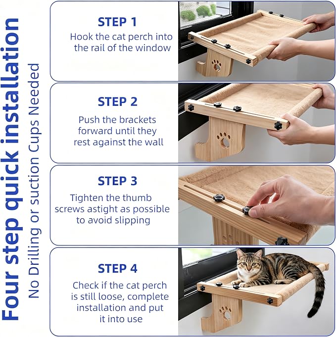 ESPETS Wooden Cat Window Bed for Large Cats, Khaki Cat Window Perch Hammock | Solid Wood Window Large Perch, Sturdy Large Size Shelves, Soft Thick Removable Cushion, Easy Assemble Adjustable, Hold 40LBS