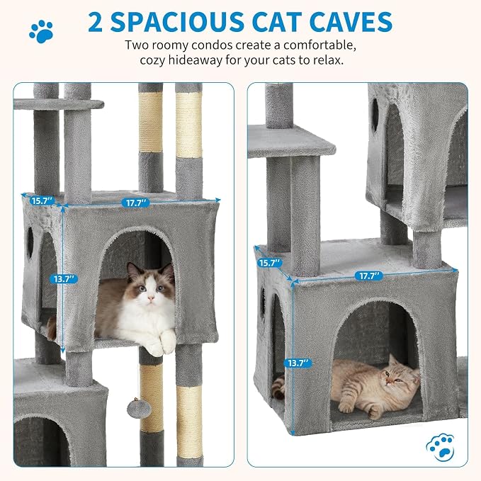 61" Large Cat Tree Tower for Indoor Cats, Heavy-Duty Multi-Level Cat Condo for Maine Coon & Big Cats with Extra-Large Perch, 2 Spacious Houses, Sisal Scratching Posts & Hanging Toys - Light Gray