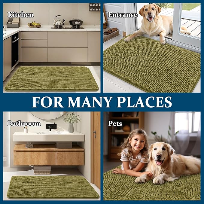 OLANLY Dog Door Mat for Muddy Paws 47x32, Super Absorbent Chenille Mud Mat | Willow Green, Absorbs Moisture and Dirt, Non-Slip Machine Washable Doormat, Quick-Dry Indoor Entryway Floor Carpet for Dogs