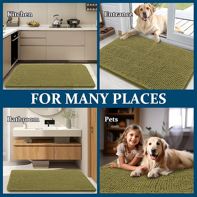 OLANLY Dog Door Mat for Muddy Paws 36x24, Super Absorbent Chenille Mud Mat | Willow Green, Absorbs Moisture and Dirt, Non-Slip Machine Washable Doormat, Quick-Dry Indoor Entryway Floor Carpet for Dogs