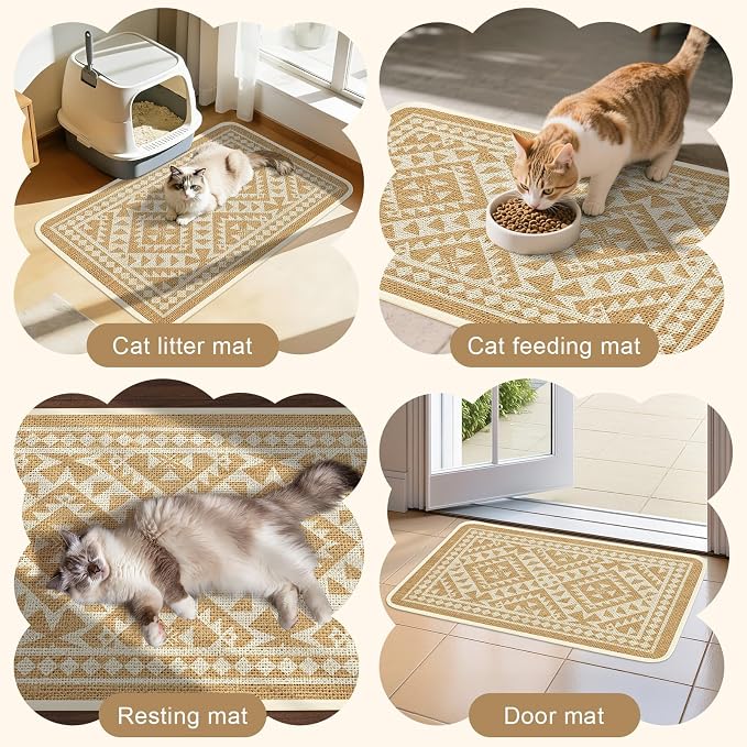Bienbee Cat Litter Mat, 33" x 22" Litters Box Mat Machine Washable Less Waste Waterproof Litter Mats, Non-Slip Cat Litters Trapping Mats Easy to Clean Linen Geometric L