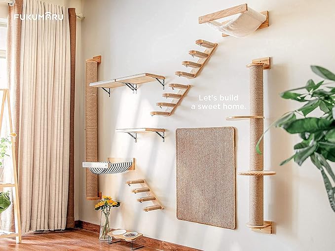 FUKUMARU Cat Activity Tree with Scratching Posts, Wall Mounted Jute Scratcher Pine Hammock