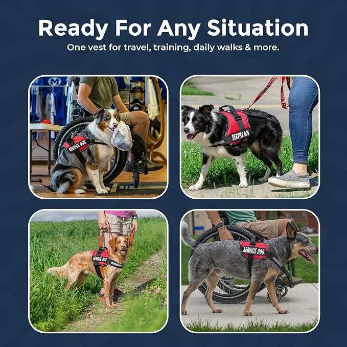 Industrial Puppy Service Dog Vest Harness - Durable & Adjustable Vest for Dog with Reflective Straps, Removable Patches, 50 ADA Cards, Handle & D-Ring, Travel and Daily Use, Bright Red, Medium 25"-32"