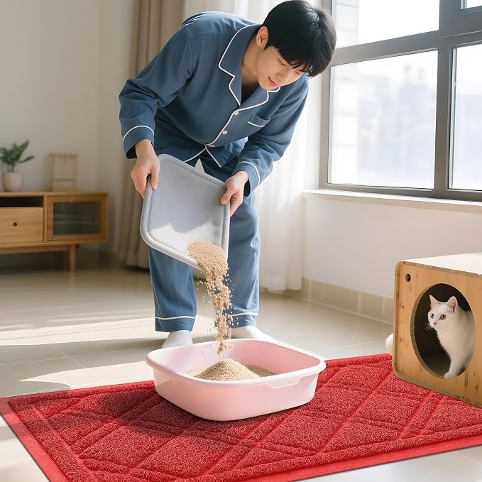 Smiry Cat Litter Box Mat 36x24, Non-Slip Water Resistant Litter Trapping Mat, Easy Clean Less Waste and Urine-Locking Cat Carpet for Indoor, Red
