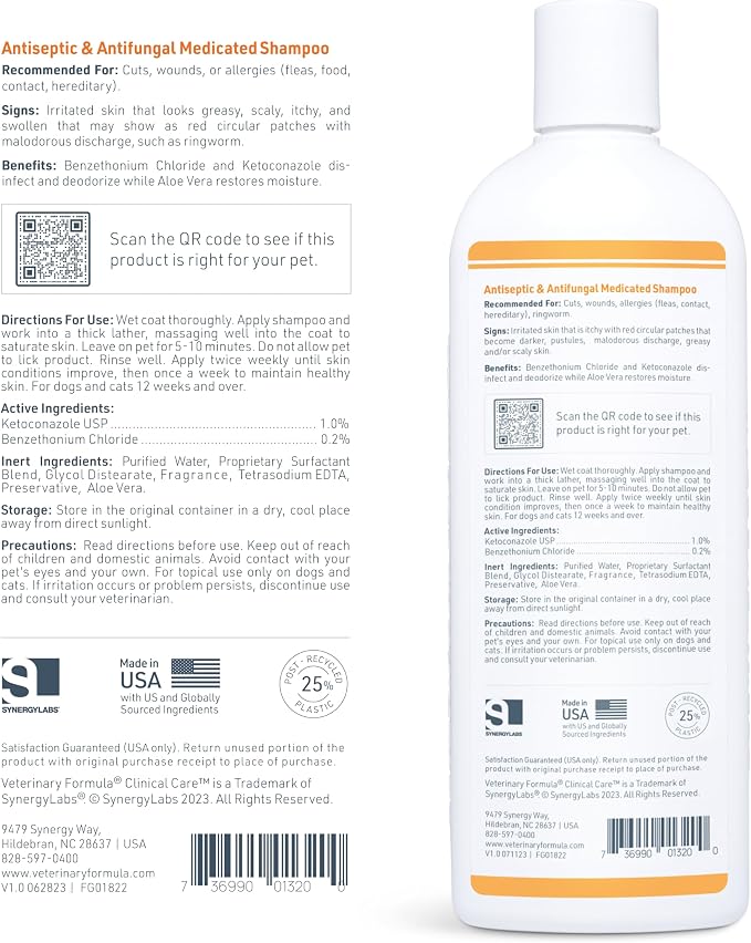 Veterinary Formula Clinical Care Antiseptic and Antifungal Medicated Shampoo for Dogs & Cats, 16 Fl Oz – Helps Alleviate Scaly, Greasy, red Skin – Paraben, Dye, Soap-Free (2 Pack) | Two 16 oz bottles for antiseptic and antifungal care of scaly, greasy ...