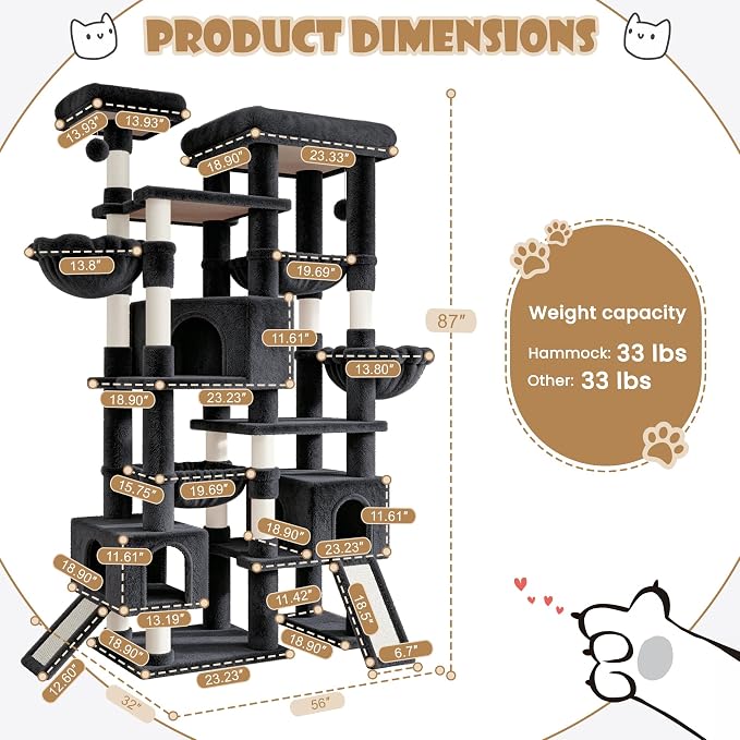 Sha Cerlin 87 in Multi-Level Tall Cat Tree Tower for Large Cats/Extra Wide Feline Activity Center/Sisal Scratching Posts/Wide Base/Cozy Plush Perches/Baskets/Hammocks/Toy Balls/Dark Grey