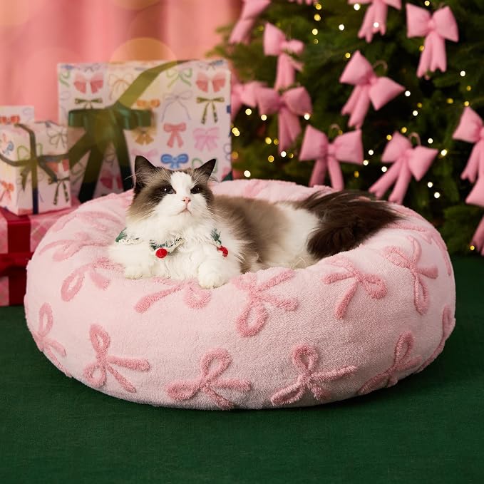 LE SURE Shown on TV Donut Cat Beds for Indoor Cats - Round Small Dog Bed Calming Bed Gift for Pets, Home Decor Cute Modern Beds with Jacquard Shaggy Plush & Anti Slip Bottom, 20 Inch, Pink Taffy