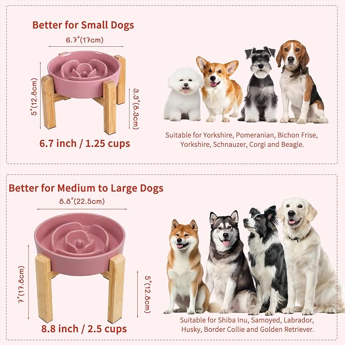 Elevated Slow Feeder Dog Bowl Large Breed, 8.8 Inch Ceramic Slow Eating Bowl with Bamboo Stand, Anti-Choking Raised Maze Design for Medium to Large Dogs, 3.2 Cup, Pink
