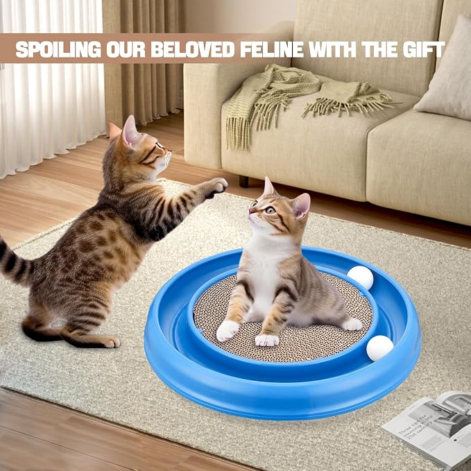 Cat Scratching Board with Balls for Cats Grinding Claw, Round Cat Scratcher Interactive Toy, Cat Ball Track Scratcher Pad for Cats Exercise Play(Blue)