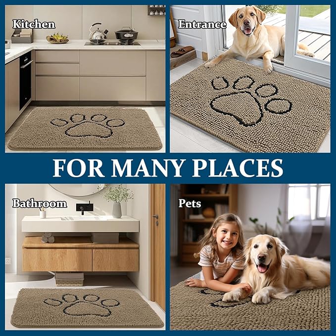 OLANLY Dog Door Mat for Muddy Paws 40x32, Paw Print Design Chenille Mud Mat | Tan, Super Absorbent, Traps Moisture and Dirt, Non-Slip Washable Doormat, Quick-Drying Indoor Entryway Floor Carpet for Dogs