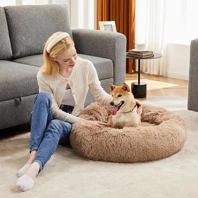 DUMOS Donut Dog Beds for Large Dogs, Machine Washable Cuddler Warming Cozy Fluffy Faux Fur Plush Round Pet Bed, Anti-Slip Bed for Indoor Dogs and Cats, 30.7x30.7 Inch, Brown
