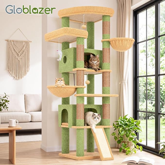 Globlazer 80in Cactus Extra Large Heavy Duty Corner Cat Tree Tower, S80C | Sturdy Green Big Cat Tower for Indoor Cats Large Adult with Scratching Post, 2 Cat Condos with Padding, 2 Perches, Green