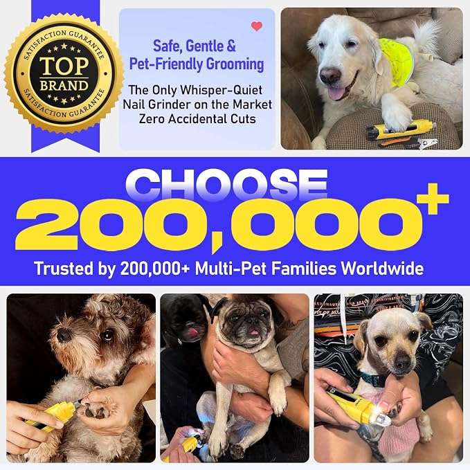 Whisper-Quiet Dog Nail Grinder Kit 50%More Powerful for Sensitive Dogs,Cats | 6-Speed Pet Nail Clippers & Trimmers with 4 LED Lights,3 Grinding Bits, No Over-Cutting,Stress-Free Grooming Set for All Pets