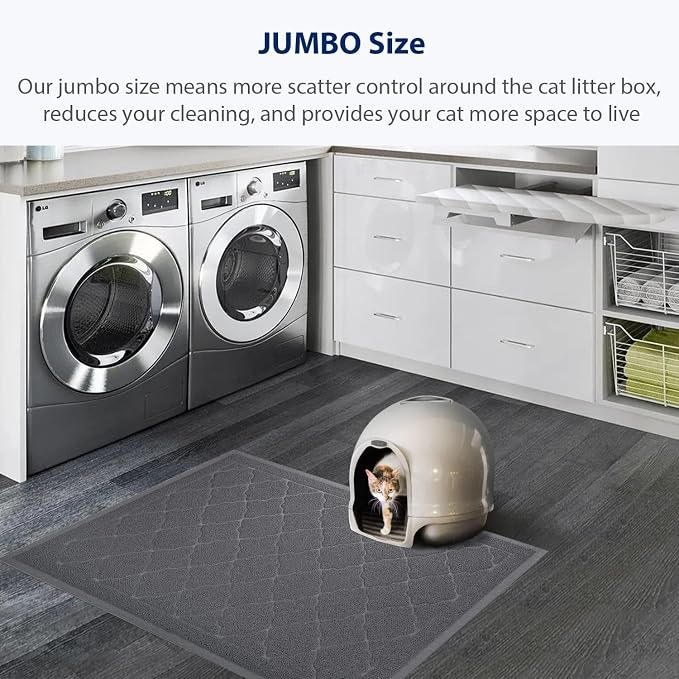 Cat Litter Box Mat, Kitty Premium PVC Pad, Durable Trapping Rug, Phthalate Free, Urine-Resistant, Scatter Control, XXL 47 x 36 Inch, Grey