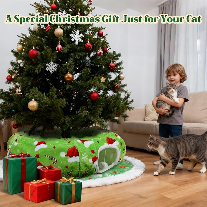 Christmas Cat Tunnel Tree Skirt – Warm Flannel Donut Tunnel Bed with Soft Cushion & Hanging Ball Toy, Peekaboo Cat Cave Under Tree for Indoor Cats to Prevent Christmas Tree Falling, Festive Green