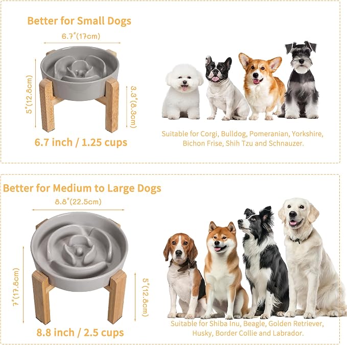 Elevated Slow Feeder Dog Bowl Large Breed, 8.8 Inch Ceramic Slow Eating Bowl with Bamboo Stand, Anti-Choking Raised Maze Design for Medium to Large Dogs, 3.2 Cup, Grey