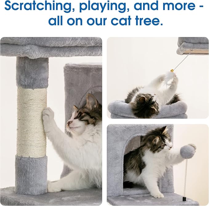MWPO 70.1-Inch Large Cat Tree, Multi-Level Tall Cat Tower for Indoor Cats, Plush Cat Condo with Big Padded Perches, Sisal-Covered Scratching Posts, Hammock, Toys for Kittens & Cats - Light Grey
