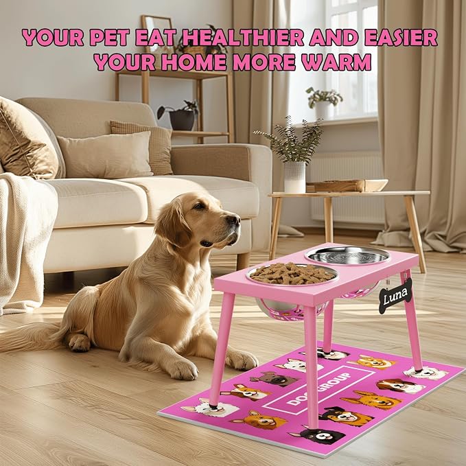 ADENGL Raised Dog Bowl Stand for Large Medium Dogs, Elevated Dog Bowls with Sprill Proof Mat &Two 58OZ Stainless Steel Bowls,Pink
