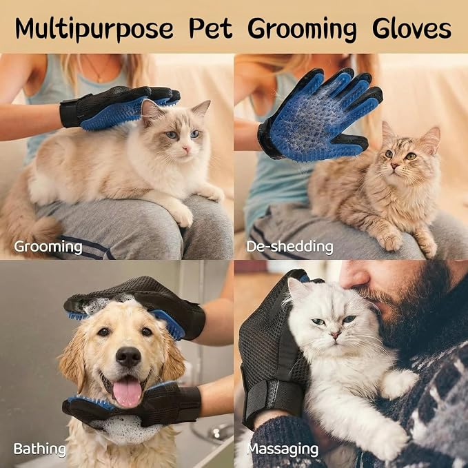 Pet Grooming Glove - Gentle Deshedding Brush Glove for Dogs & Cats, 2 Pack (Blue & Black), Efficient Pet Hair Remover Mitt, Soft Silicone Tips for Massage & Bathing