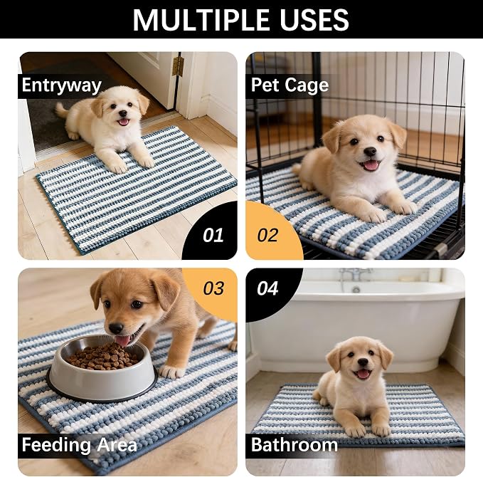 Dog Door Mat for Muddy Paws - Absorbent Quick-Dry Non-Slip Washable Chenille Pet Rug, Indoor Entryway Mat for Front Door & Crate (Blue, 24" L*16" W)