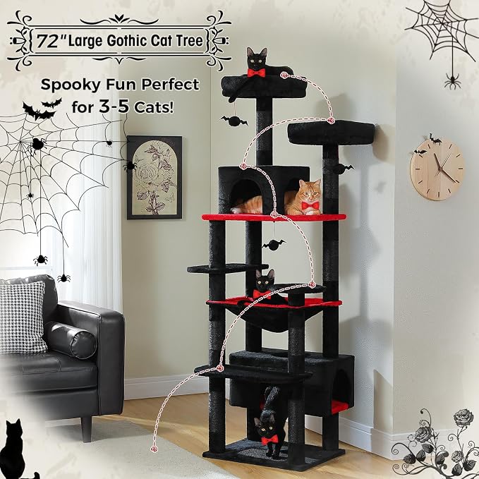 PAWZ Road Gothic Cat Tree 72" Cat Tower with Condos&Hammock for Large Cats | goth black cat tree with bat toys, 20"×16" hammock for adult cats, 7 scratch posts + pad, dual condos&perches for multi-cats