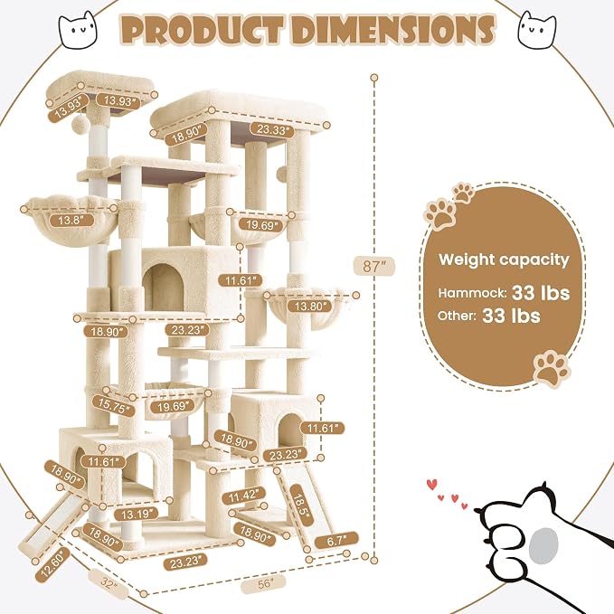 Sha Cerlin 87 in Multi-Level Tall Cat Tree Tower for Large Cats/Extra Wide Feline Activity Center/Sisal Scratching Posts/Wide Base/Cozy Plush Perches/Baskets/Hammocks/Toy Balls/Beige