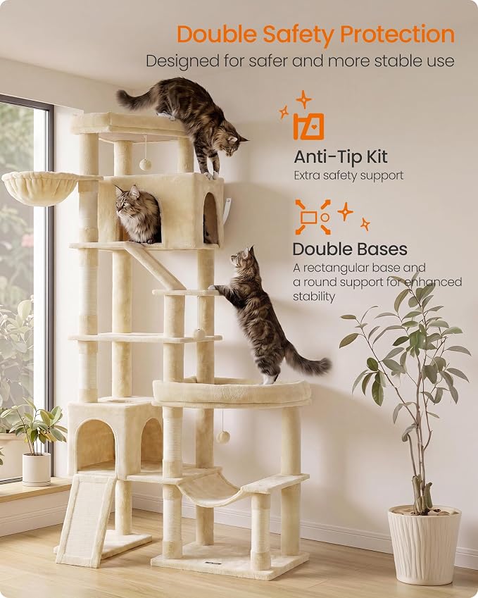 Feandrea Multi-Level Cat Tree for Large Cats, 79.5 inch Tall Cat Tower with 6 Resting Areas and Sisal Scratching Posts, 41.3 x 17.7 x 79.5 inch, Beige Clawfy Collection UPCT020Y101