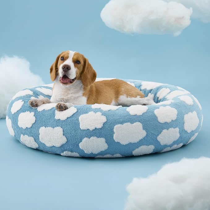 Lesure Shown on TV Donut Dog Beds Large Sized Dog - Round Pet Beds for Calming Puppy with Washable Cover, Orthopedic Modern Home Decor Beds with Jacquard Shaggy Plush & Anti Slip Bottom, 33 Inch,Blue