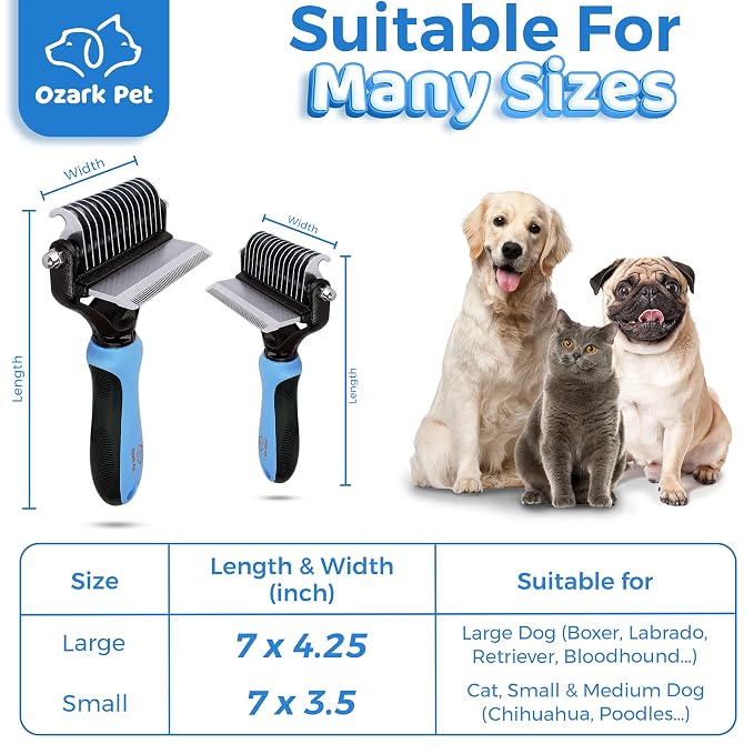 Grooming Brush for Dog/Cat with 2 Sided Grooming Brush for De-Shedding, De-Matting Reduces Shedding up to 95%, Great Short to Long Hair (Blue, Small)