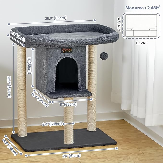 Cat Tree Tower Scratching Post for Indoor Large Adult Cats with Perch Bed | 28in Tall Small Cat Trees House with Big Perch, Condo, Toy Balls, Modern Kitten Climbing Furniture Platform, Dark Gray