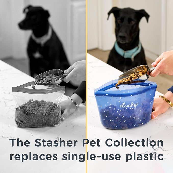 Stasher Pet Reusable Food Storage Puppy Essentials Kit, 4-Cup Dog Travel Bag, Treat Bags & Dog Food Can Lids, Airtight Seal, Food Grade Silicone, Freezer & Dishwasher Safe, Dog Gift