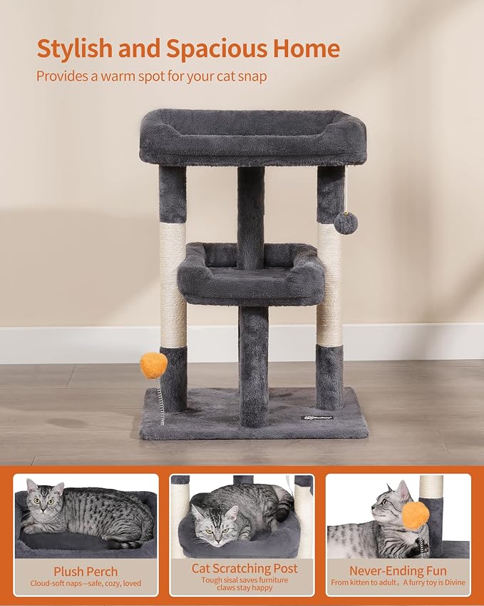 27.6-Inch Cat Tree, Cat Tower for Indoor Cats, Cat Condo for Large Cats, Small Cat Tree with Scratching Post, Toy Balls, for Kittens, 2 Soft Platform, Dark Gray