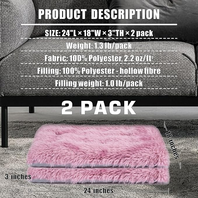 Machine Washable Dog Bed, Deluxe Plush Dog Crate Pad and Cat Bed, Anti-Slip Bottom Kennel Pad Mat, Fuzzy Pet Beds for Large, Medium, Small Dogs Breeds (Pink Mauve, 24.0"L x 18.0"W x 3.0"Th x 2 PACK)