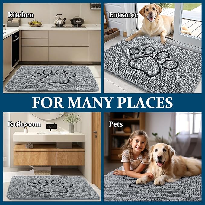 OLANLY Dog Door Mat for Muddy Paws 47x20, Paw Print Design Chenille Mud Mat | Grey, Super Absorbent, Traps Moisture and Dirt, Non-Slip Washable Doormat, Quick-Drying Indoor Entryway Floor Carpet for Dogs
