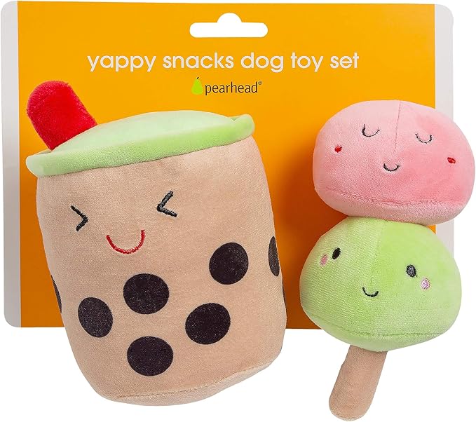 Pearhead Boba Tea and Mochi Plush Dog Toys, Novelty Fun Pet Toy Set, Durable Stuffed Toy for Interactive Play, Bubble Tea Themed Pet Supplies, Set of 3 Toys