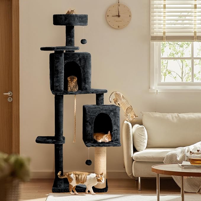 59in Large Cat Tree Tower for Indoor Cats with Soft Plush Hang Ball, Two Condos, Sisal Scratch Posts & Rope Play for Kittens/Adult Cats, Dark Grey