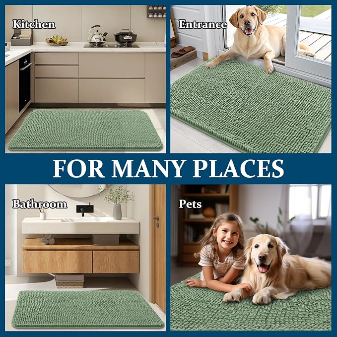 OLANLY Dog Door Mat for Muddy Paws 70x46, Super Absorbent Chenille Mud Mat | Olive Green, Absorbs Moisture and Dirt, Non-Slip Machine Washable Doormat, Quick-Drying Indoor Entryway Floor Carpet for Dogs