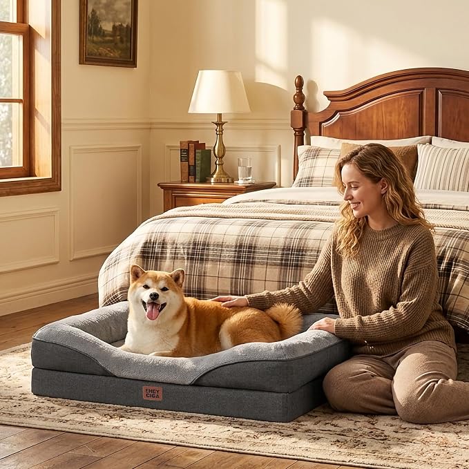EHEYCIGA Orthopedic Dog Bed for Large Sized Dog, 41x27 Inch Large Memory Foam Dog Couch Bed with Sides, Waterproof Liner & Washable Removable Cover, Bolster Pet Sofa, Grey
