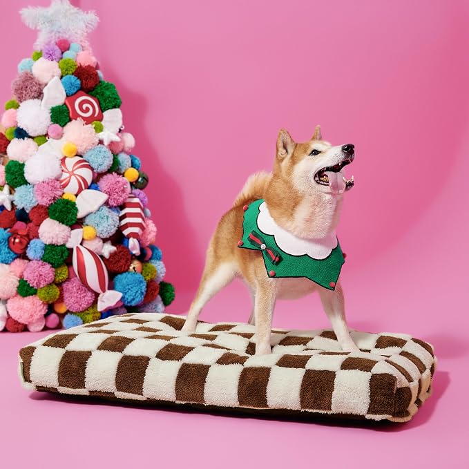 LE SURE Dog Beds Large Sized-Thick Shredded Chopped Foam Checkered Pet Bed as Gift for Indoor as Christmas Bed Gift with Removable Cover, Cute Modern Fuzzy Plush & Anti Slip Bottom, Brown