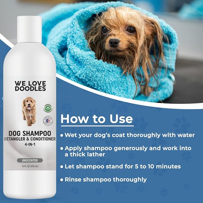 Dog Shampoo Conditioner & Detangler, Hypoallergenic Tearless Unscented 16OZ | For Sensitive Itchy Skin, Hypoallergenic, Tearless, Best Shampoo For Smelly Dogs, Goldendoodle, Poodle & Doodle, Made in USA