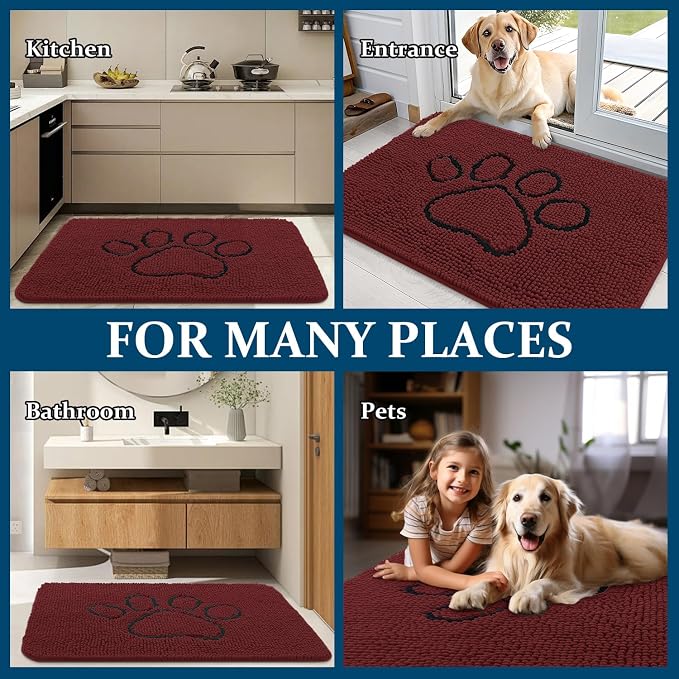OLANLY Dog Door Mat for Muddy Paws 36x24, Paw Print Design Chenille Mud Mat | Caramel Russet, Absorbent, Traps Moisture and Dirt, Non-Slip Washable Doormat, Quick-Dry Indoor Entryway Carpet for Dogs