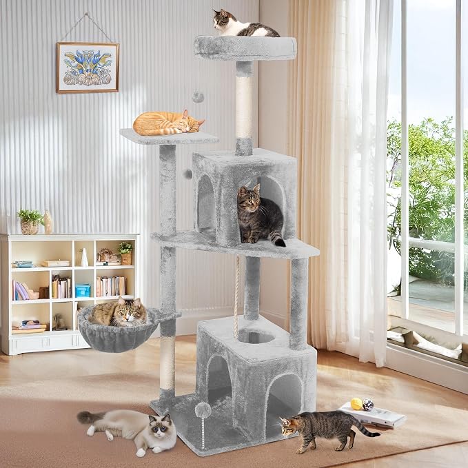 54 Inch Multi-Level Cat Tree Tower with Hammock, Condos & Scratching Posts, Large Cat Furniture for Indoor Cats with Pompoms, Light Grey