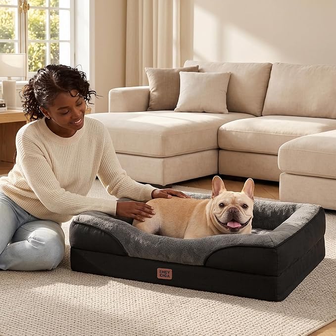EHEYCIGA Orthopedic Dog Bed for Large Sized Dog, 36x27 Inch Large Memory Foam Dog Couch Bed with Sides, Waterproof Liner & Washable Removable Cover, Bolster Pet Sofa, Grey/Black