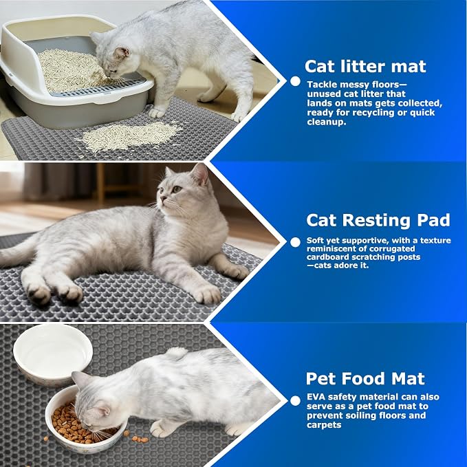 Cat Litter Box Mat,Double-Layer Honeycomb Litter Trap 47"x28" Gray | Catches Scattered Particles to Stop Tracking,Waterproof Design Urineproof Base Protects Floors, Easy to Clean, Indoor Cats