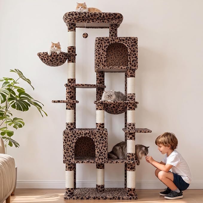 Heybly Cat Tree, 76-Inch Tall Heavy Duty Cat Tower for Big Cats HCT039BW | Multi-Level Large Cat Furniture with Extra Wide Baseboard, 2 Condos & 2 Hammocks, 10 Scratching Posts, Leopard Print