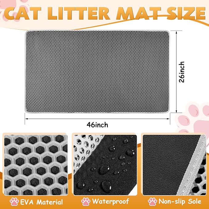 Cat Litter Mat 46"x26", Double Layer Waterproof Litterbox Mat, Gray | Non-slip backing, washable for easy cleanup, traps stray litter with waterproof honeycomb large grid that is urine-proof.